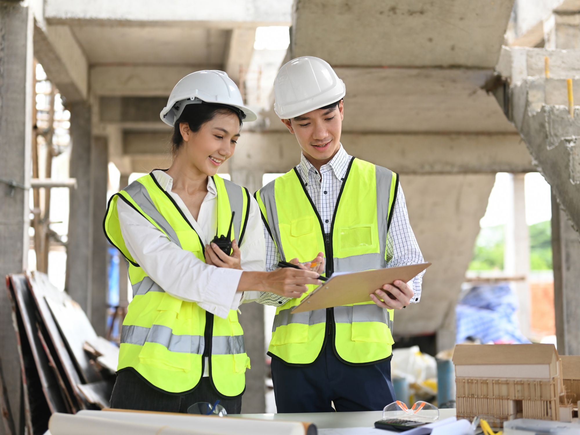 Tecnici in cantiere con gli elaborati di progetto